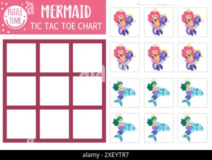 Vektor Meerjungfrau Tic Tac Toe Chart mit Meerprinzessin reitet Seepferd, Delfin. Ocean Kingdom Brettspielplatz. Lustige Marinemärchen zum Ausdrucken Stock Vektor