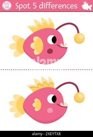 Finde Unterschiede Spiel für Kinder. Meerjungfrauen-Lehrtätigkeit mit Anglerfischen. Niedliches Puzzle für Kinder mit lustigem Tier. Druckbares Arbeitsblatt oder Seite Stock Vektor