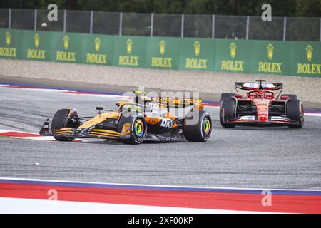 Spielberg, Österreich, 30.06.2024, 04 NORRIS Lando (gbr), McLaren F1 Team MCL38, Action und 16 LECLERC Charles (mco), Scuderia Ferrari SF-24, Aktion während des Formel 1 Qatar Airways Austrian Grand Prix 2024, 11. Runde der Formel-1-Weltmeisterschaft 2024 vom 28. Bis 30. Juni, 2024 auf dem Red Bull Ring in Spielberg, Österreich Stockfoto