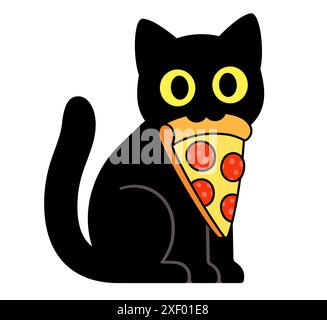 Schwarze Katze, die Pizzascheibe im Mund hält. Lustige Zeichentrickzeichnung, süße und einfache Vektorillustration. Stock Vektor