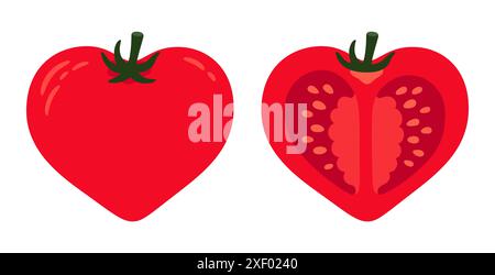 Herzförmige Tomatenzeichnung, ganz und halbiert. Nette Hand gezeichnete Cartoon Vektor Illustration. Stock Vektor