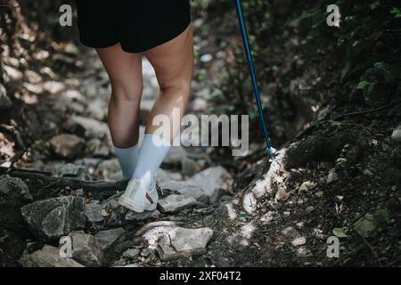 Person, die auf felsigem Gelände mit einem Wanderstock in einem dichten Wald wandert Stockfoto