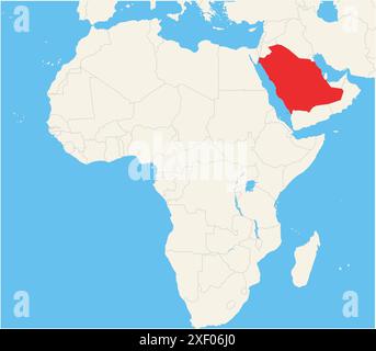 Locator-Karte mit dem Standort des Landes Saudi-Arabien in Afrika. Das Land wird durch ein rotes Polygon hervorgehoben. Kleine Länder sind ebenfalls gekennzeichnet Stock Vektor