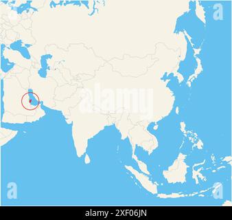 Locator-Karte mit dem Standort des Landes Katar in Asien. Das Land wird durch ein rotes Polygon hervorgehoben. Kleine Länder sind ebenfalls mit einem r gekennzeichnet Stock Vektor