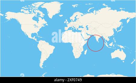 Locator-Karte, die den Standort des Landes Malediven in Seven Meers zeigt. Das Land wird durch ein rotes Polygon hervorgehoben. Kleine Länder sind ebenfalls gekennzeichnet Stock Vektor