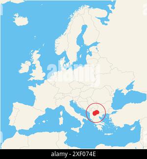 Locator-Karte, die den Standort des Landes Nordmazedonien in Europa zeigt. Das Land wird durch ein rotes Polygon hervorgehoben. Kleine Länder sind auch mar Stock Vektor