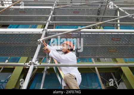 Gerüstbau, temporäre Arbeitsteams, Global Trials Certification AENOR Gerüstbau, Baustoffforschung, Tecnalia Research & Innovation, Zamu Stockfoto