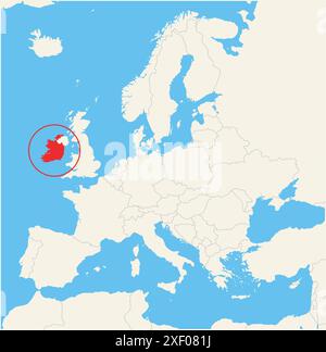 Locator-Karte, die den Standort des Landes Irland in Europa zeigt. Das Land wird durch ein rotes Polygon hervorgehoben. Kleine Länder sind ebenfalls mit gekennzeichnet Stock Vektor