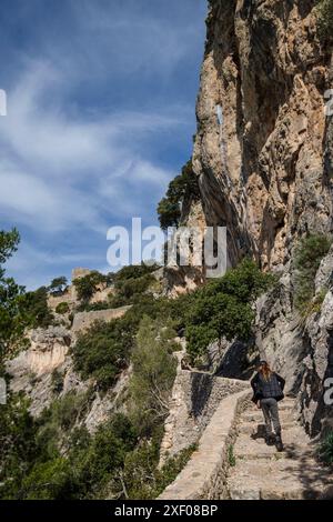 Gepflasterter Weg zum Schloss von Alaro, Alaro, Mallorca, Balearen, Spanien. Stockfoto