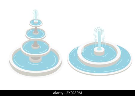 Satz von zwei isometrischen Springbrunnen mit Wasservektor-Illustration isoliert auf weißem Hintergrund. Stock Vektor