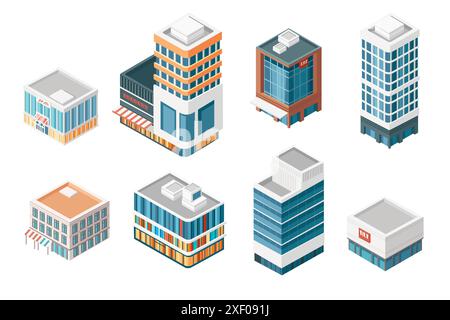 Isometrische Stil moderne Gebäudesammlung für städtische Umwelt Vektor-Illustration isoliert auf weißem Hintergrund. Stock Vektor
