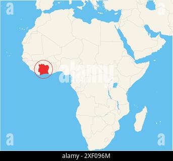 Locator-Karte, die den Standort des Landes Elfenbeinküste in Afrika zeigt. Das Land wird durch ein rotes Polygon hervorgehoben. Kleine Länder sind ebenfalls gekennzeichnet Stock Vektor