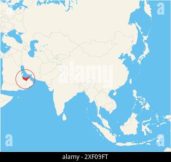 Locator-Karte mit dem Standort des Landes Vereinigte Arabische Emirate in Asien. Das Land wird durch ein rotes Polygon hervorgehoben. Auch kleine Länder sind es Stock Vektor