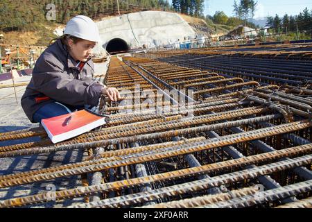 Architekt, der die Installation von Bewehrungsstäben, die Verstärkung von Stahlstäben für Betonschalungen, den Bau von Viadukten, die Arbeiten des neuen Bahnplatzes beaufsichtigt Stockfoto