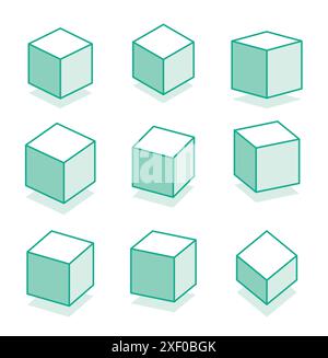 3D-Würfel in verschiedenen isometrischen Projektionen. Vektorabbildung. Konturobjekte auf weißem Hintergrund isoliert. Stock Vektor