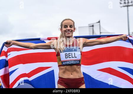 Georgia Bell gewinnt das 1500-m-Finale der Frauen während des 2. Tages der Microplus UK Athletics Championships am 30. Juni 2024 in Manchester, Großbritannien (Foto: Craig Thomas/News Images) 30 2024. (Foto: Craig Thomas/News Images/SIPA USA) Stockfoto