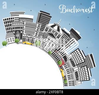 Bukarest Rumäniens Skyline mit farbigen Gebäuden, blauem Himmel und Kopierraum. Vektorabbildung. Bukarest Stadtbild mit Wahrzeichen. Geschäftsreisen Stock Vektor