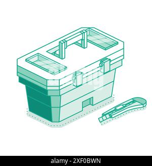 Isometrischer Werkzeugkasten auf weißem Hintergrund isoliert. Vektorabbildung. Papeterie-Universalmesser mit scharfer Klinge. Stock Vektor