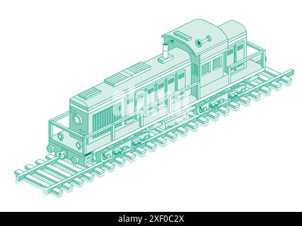 Isometrische Zugmaschine. Lokomotive. Vektorabbildung. Eisenbahn. Objekt auf weißem Hintergrund isoliert. Industrieller Transport. Dieselfracht locom Stock Vektor