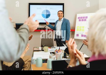 Ein Unternehmensexperte, der eine Präsentation mit einer SWOT-Analyse durchführt. Teamdiskussion und Strategieplanung in einer Büroumgebung. Kollegen cl Stockfoto