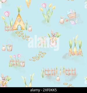 Nahtloses Muster mit Osterhase, Eiern, Tulpen und Karotten Stockfoto