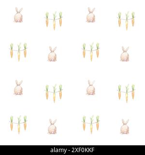 Nahtloses Muster mit Osterhase und Karotten in Aquarellen Stockfoto