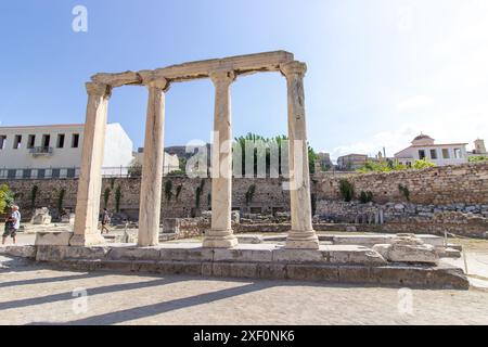 Ruinen der Hadrian Library auf der Nordseite der Akropolis in Athen, Griechenland. Bibliothek Des Römischen Kaisers Hadrian. Stockfoto