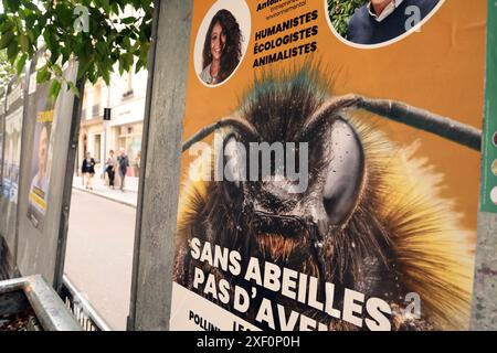 Paris, Frankreich. 30. Juni 2024. Während der ersten Runde der Parlamentswahlen in Paris, Frankreich, am Sonntag, den 30. Juni 2024, laufen die Menschen an einem grünen Wahlkampfplakat vorbei, das eine Biene vor einem Wahlhaus zeigt. Umfragen deuten darauf hin, dass der französische Präsident Emmanuel Macron einem einzigartig feindseligen parlament gegenüberstehen wird, das von zwei radikalen Blöcken, der extremen Rechten und der extremen Linken, dominiert wird. Foto: Maya Vidon-White/UPI Credit: UPI/Alamy Live News Stockfoto