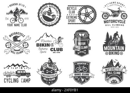 Set aus Mountain Biking und Motorrad Hill Climb Kollektion. Vektor. Konzept für Kopfabzeichen, Hemd, Druck, Stempel oder Fahrradtourismus. Vintage Stock Vektor