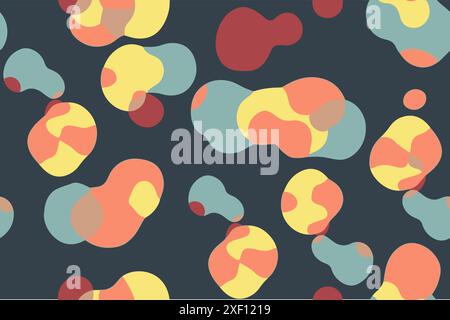 Natürlich abgerundetes Metaball formt nahtloses Muster. Blau-orangene Farbzellen, Karikatur-isoliertes Textilmuster. Vektorabbildung auf Hintergrund Stock Vektor