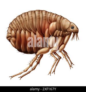 Flohinsektenkonzept als flügelloser Parasit, der Blut von Säugetieren oder Vogelwirten als Entomologiesymbol auf weißem Hintergrund saugt. Stockfoto