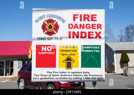 Brandgefahr-Indexschild an der Sir James Dunn Fire Station an der Reed Street in St. Andrews, New Brunswick, Kanada Stockfoto