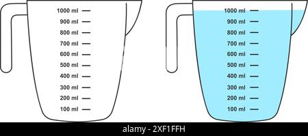 Leere und volle Messbecher mit einem Volumen von 1 Liter. Wasser- oder andere flüssige Behälter zum Kochen mit einer Flüssigkeitsskala, die auf weißem Hintergrund isoliert ist. Illustration der Vektorabwicklung. Stock Vektor