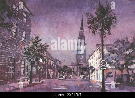 Charleston SC Kirche Aquarell Batik Stadtlandschaft St. Philips Kirche Außenansicht Straßenbild Bunte Kunstwerke (Druck) Stockfoto