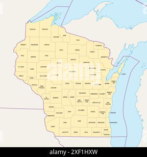 Wisconsin County, politische Karte. Ein Bundesstaat in der Region der Großen Seen im oberen Mittleren Westen der Vereinigten Staaten, unterteilt in 72 Countys. Stockfoto