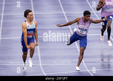 Manchester, England am Samstag, 29. Juni 2024. Louie Hinchliffe gewinnt die 100-Meter-Strecke der Männer während der Microplus UK Athletics Championships am Samstag, den 29. Juni 2024, in der Manchester Regional Arena in Manchester, England. (Foto: Pat Scaasi | MI News) Credit: MI News & Sport /Alamy Live News Stockfoto