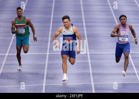 Manchester, England am Samstag, 29. Juni 2024. Louie Hinchliffe gewinnt die 100-Meter-Strecke der Männer während der Microplus UK Athletics Championships am Samstag, den 29. Juni 2024, in der Manchester Regional Arena in Manchester, England. (Foto: Pat Scaasi | MI News) Credit: MI News & Sport /Alamy Live News Stockfoto