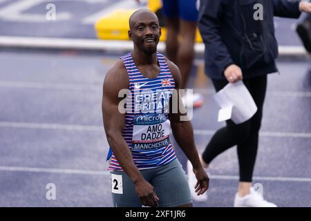 Manchester, England am Samstag, 29. Juni 2024. Eugene Amo-Dadzie wird 4. In den 100 m Herren während der Microplus UK Athletics Championships am Samstag, den 29. Juni 2024, in der Manchester Regional Arena in Manchester, England. (Foto: Pat Scaasi | MI News) Credit: MI News & Sport /Alamy Live News Credit: MI News & Sport /Alamy Live News Stockfoto