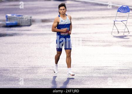 Manchester, England am Samstag, 29. Juni 2024. Louie Hinchliffe gewinnt die 100-Meter-Strecke der Männer während der Microplus UK Athletics Championships am Samstag, den 29. Juni 2024, in der Manchester Regional Arena in Manchester, England. (Foto: Pat Scaasi | MI News) Credit: MI News & Sport /Alamy Live News Stockfoto