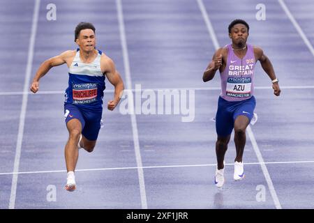 Manchester, England am Samstag, 29. Juni 2024. Louie Hinchliffe gewinnt die 100-Meter-Strecke der Männer während der Microplus UK Athletics Championships am Samstag, den 29. Juni 2024, in der Manchester Regional Arena in Manchester, England. (Foto: Pat Scaasi | MI News) Credit: MI News & Sport /Alamy Live News Stockfoto