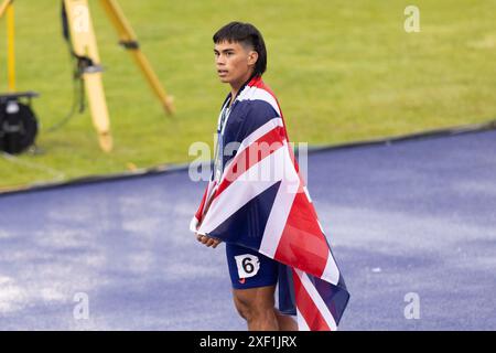 Manchester, England am Samstag, 29. Juni 2024. Louie Hinchliffe gewinnt die 100-Meter-Strecke der Männer während der Microplus UK Athletics Championships am Samstag, den 29. Juni 2024, in der Manchester Regional Arena in Manchester, England. (Foto: Pat Scaasi | MI News) Credit: MI News & Sport /Alamy Live News Stockfoto