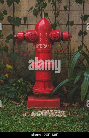 Jakarta, Indonesien - 10. Mai 2024. Nahaufnahme eines klassischen roten Hydranten, der auf einem grünen Grasfeld vor einem verwitterten Korb positioniert ist Stockfoto