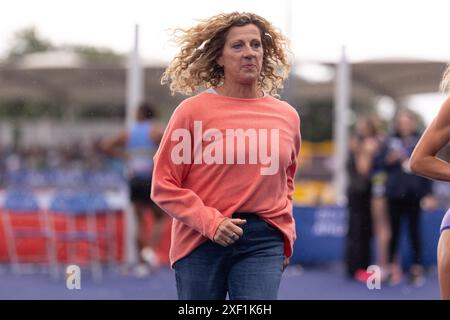 Manchester, England am Samstag, 29. Juni 2024. Sally Gunnell während der Microplus UK Athletics Championships in der Manchester Regional Arena, Manchester, England am Sonntag, den 30. Juni 2024. (Foto: Pat Scaasi | MI News) Credit: MI News & Sport /Alamy Live News Credit: MI News & Sport /Alamy Live News Stockfoto