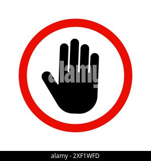 Symbol „Hand stoppen“. Roter Kreisrand. Schwarzes Handsymbol. Warnvektorzeichen. Stock Vektor