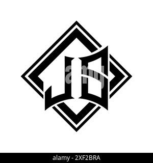 Logo mit abstraktem Schild und quadratischem schwarzen Rand auf weißem Hintergrund Stockfoto