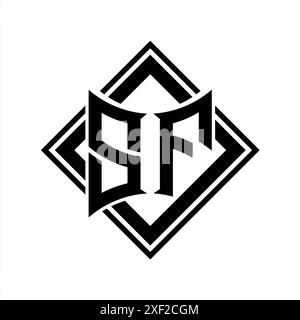 SF Letter Logo mit abstrakter Schildform mit quadratischer schwarzer Umrandung auf weißem Hintergrund Stockfoto