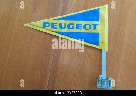 Bordeaux , Frankreich - 06 23 2024 : peugeot blau gelb Logo Marke und Textzeichen Flagge Vintage Retro Auto aus 1970 französisch Siebziger Jahre Stockfoto