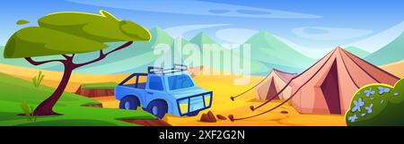 Wüstencamp mit Auto und Zelt. Vektor-Karikaturillustration der Sommerlandschaft mit Sanddünen, grünem Gras auf Hügeln, Bäumen und Blumen, blauem Himmel, Auto in der Nähe des Campingplatzes, Reise-Campingplatz Stock Vektor