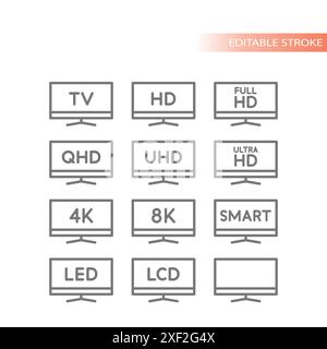 Fernseher oder Box, Full hd, Smart und 4k. LED, Liniensymbolsatz der LCD-Anzeige. Stock Vektor