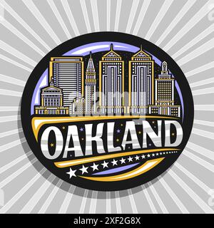 Vektor-Logo für Oakland, schwarzes dekoratives rundes Etikett mit Linienillustration der urbanen oakland Stadtlandschaft auf Dämmerungshimmel Hintergrund, Kunstdesign Kühlschrank Stock Vektor